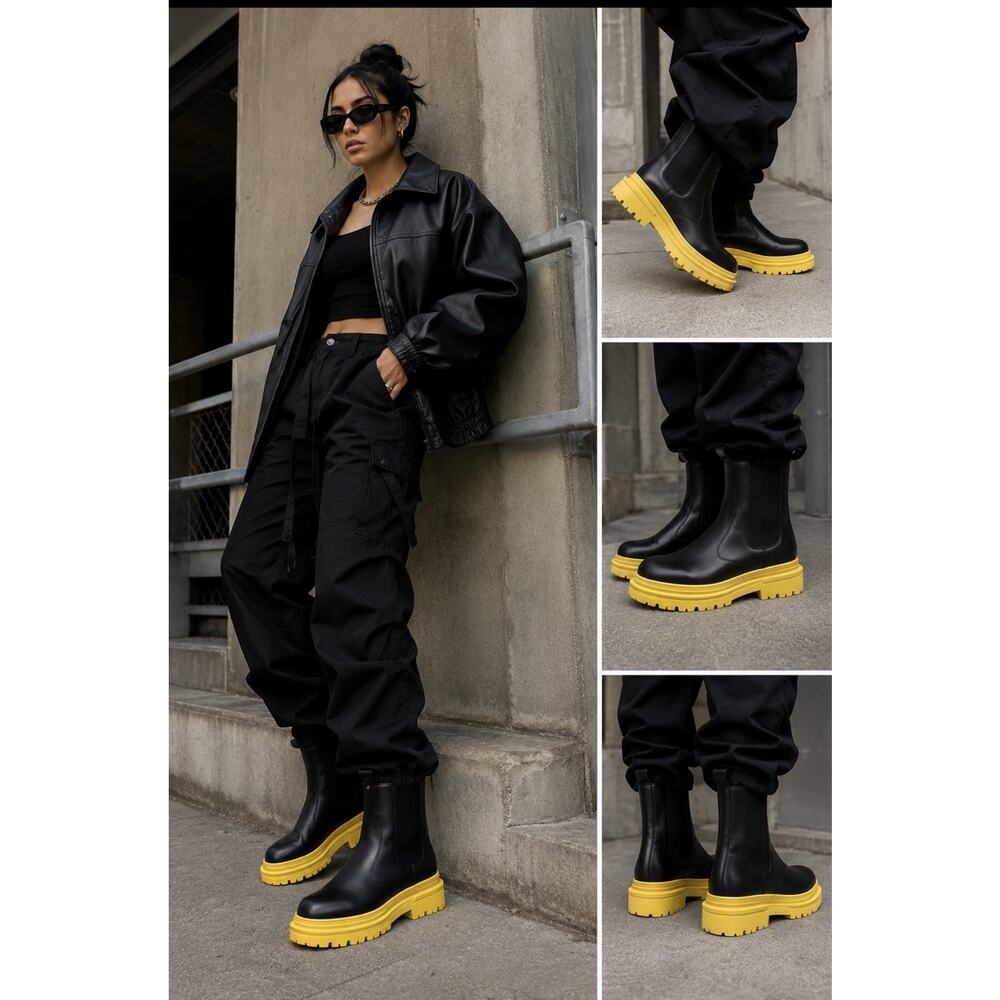 Azalea Wang Chunky Platform Chelsea Boots Black Yellow Lug Sole Womens 8